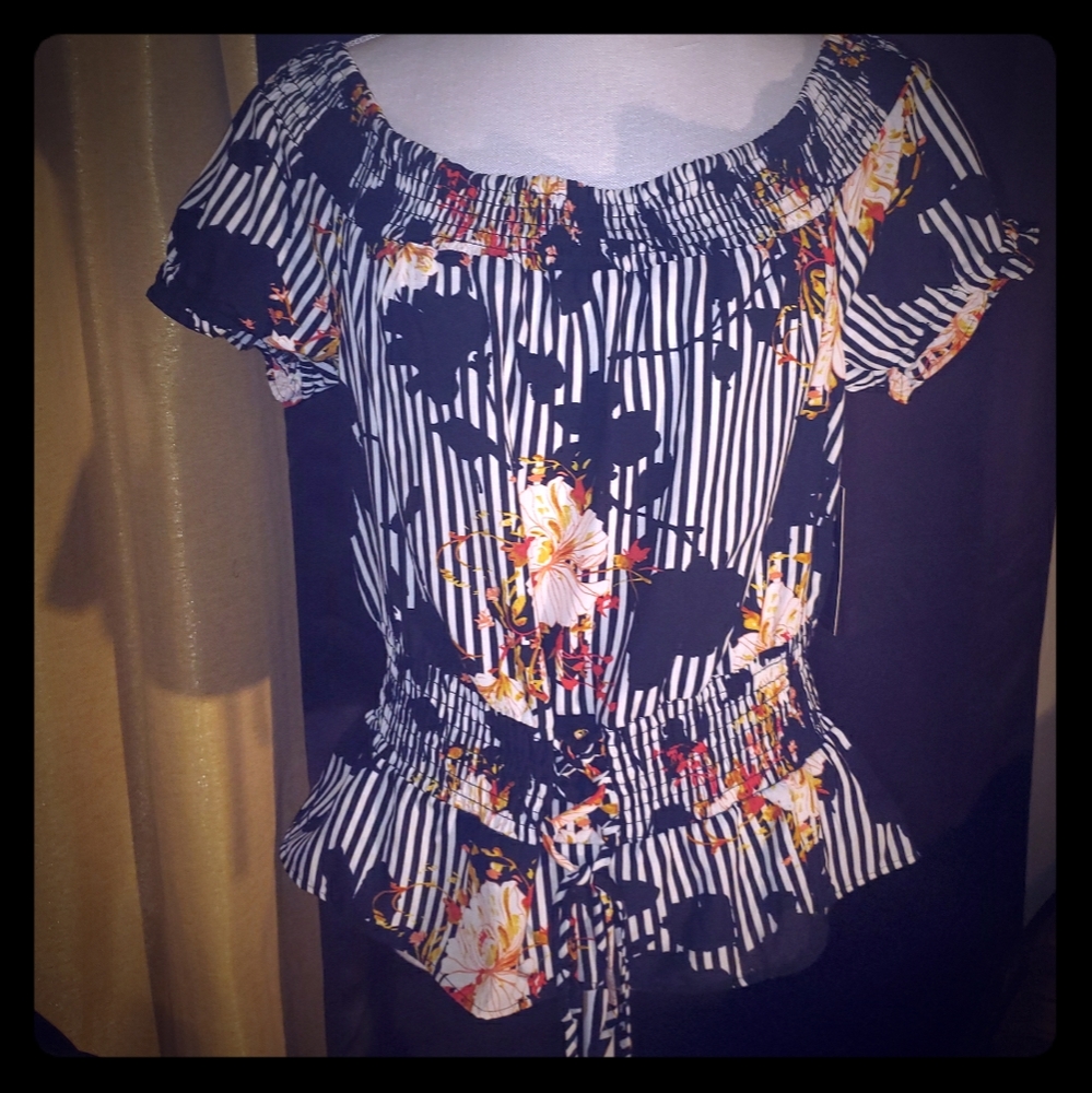 Floral Stripe Off Shoulder Top (Juniors)
